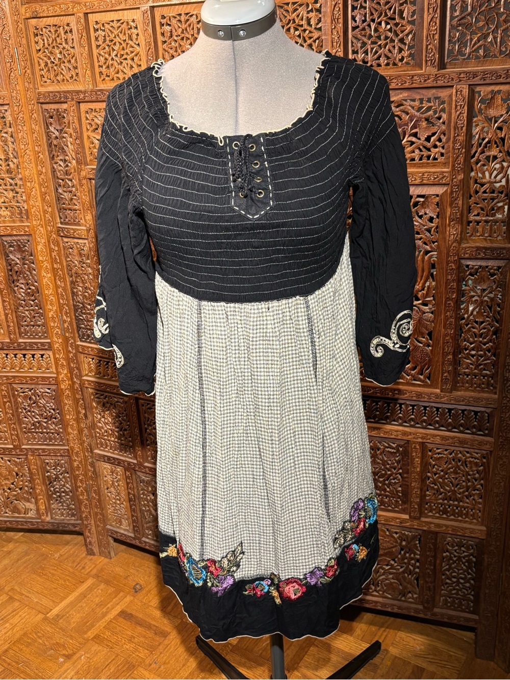 Black and Cream Embroidered Midi Dress with Floral Hem